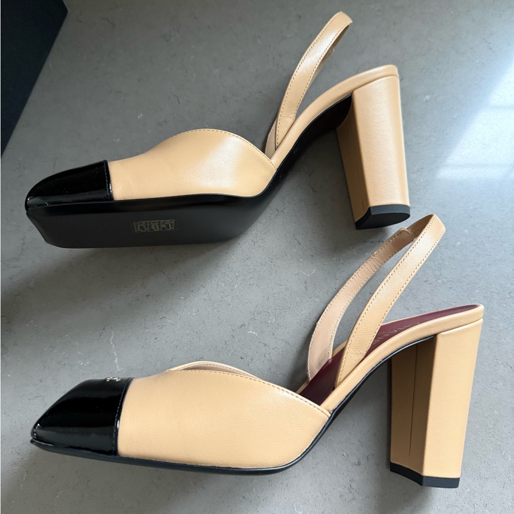 BNWT Chanel 26S Lambskin & Patent Calfskin Beige/Black Slingback Shoes Size 39 - Picture 5 of 11